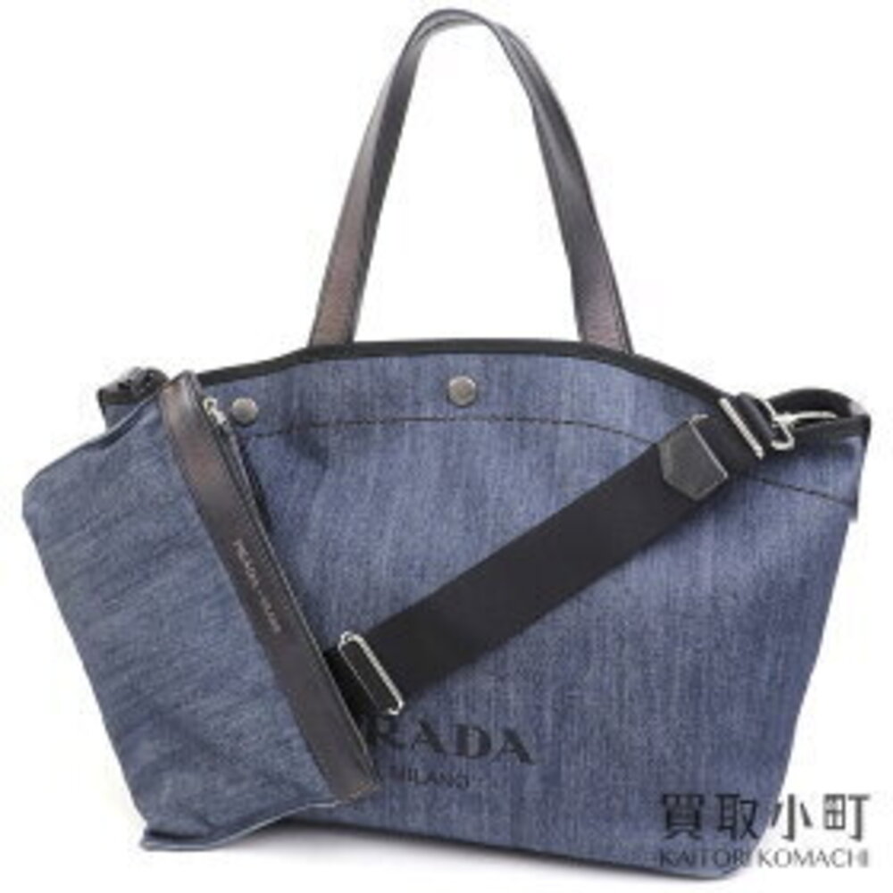 PRADA Denim Tote Bag Screen Lettering Logo Shoulder Handbag City Calf Leather